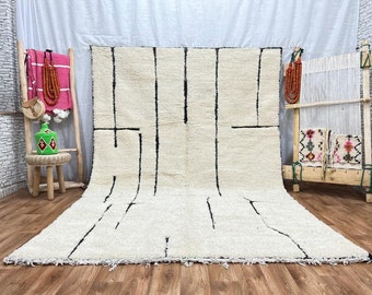 Hand Knotted Beni Ourain Rug: White Berber Rug with Colorful Lines