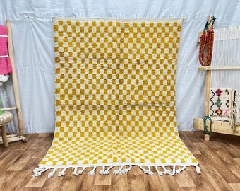 Beni Ourain Rug, Moroccan White & Yellow Rug, Authentic Wool Rug, Checkered Rug, Handmade Sheep Wool Rug, Scandinavian Carpet, Moroccan Rug