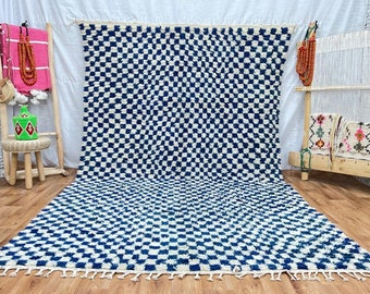 Blue Rug checkered blue Rug Wool Hand Woven Genuine Moroccan Beni Ourain Carpet Soft Shag Artistic Oriental checker moroccan rug plaid rug