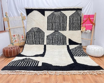 Tapis marocain personnalisé, tapis noir et blanc, carrés sur la forme, tapis personnalisé noir et blanc, tapis noir pour la vie, tapis fait main