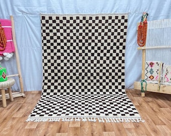 Large Black and white checkered rug, Moroccan Berber checkered rug, Checkered area rug -Checkerboard Rug -beniourain rug, Soft Colored Rug