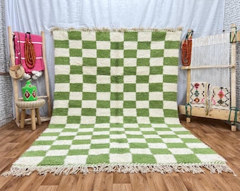 Large Green and white checkered rug, Moroccan Berber checkered rug, Checkered area rug -Checkerboard Rug -beniourain rug, Soft Colored Rug