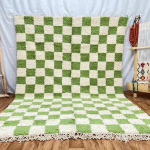 Handwoven Green and White Checkered Moroccan Wool Rug