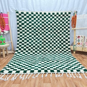 Handwoven Wool Moroccan Rug: Green Checkered Beni Ourain Carpet