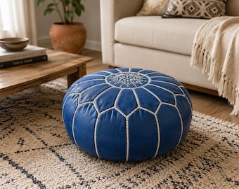 Blue Moroccan Leather Pouf, Handmade Round Ottoman, Boho Floor Cushion, Genuine Leather Pouffe, Moroccan Footstool Decor