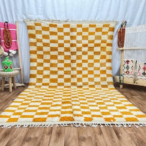 Handwoven Wool Moroccan Rug: Yellow Checkered Beni Ourain Carpet
