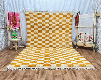 Fabulous checkered yellow Rug Wool Hand Woven Genuine Moroccan Beni Ourain Carpet Soft Shag Artistic Oriental checker moroccan rug,plaid rug