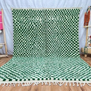 Handwoven Checkered Berber Rug: Fluffy Moroccan Checkerboard Wool Carpet