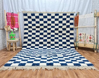 Fabulous Blue checkered rug, Checkered rug, blue moroccan rug, Moroccan Rug, Beni Ourain Rug, Moroccan area rug, Off white rug, Berber Rug