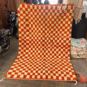 Handwoven Orange and White Checkered Moroccan Berber Rug