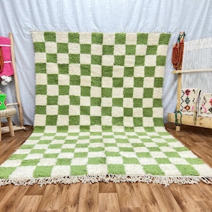 Handwoven Green and White Checkered Moroccan Berber Rug