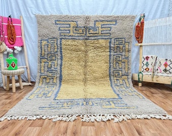 Alfombra bereber, ALFOMBRA DE LANA ARTÍSTICA, Sala de estar de alfombra hecha a mano marroquí, Alfombra azul y blanca de acero hecha de lana de oveja, Mejor alfombra artística con mechones