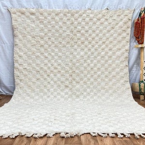 White Rug checkered white Rug Wool Hand Woven Genuine Moroccan Beni Ourain Carpet Soft Shag Artistic Oriental checker moroccan rug plaid rug