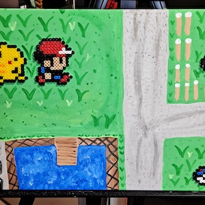 pokemon, 12x16, Perler, canvas, art painting, ash, Pikachu, poke ball, master ball, 90s, retro, bead art,