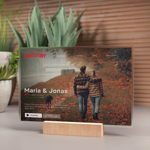 Affiche de film Netflix personnalisée pour couples sur verre acrylique, couverture de votre film/série comme Netflix (support en bois inclus)