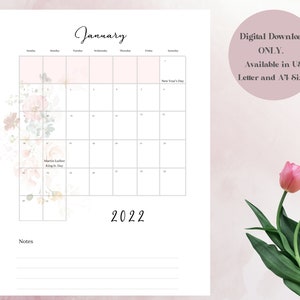 2022 Printable Floral Calendar - Portrait