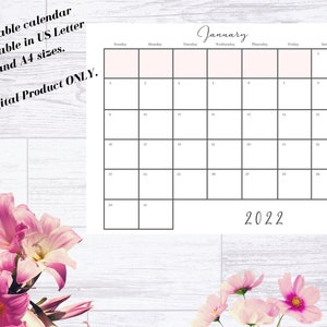 2022 Printable Minimalist Calendar Dark Grey - Landscape