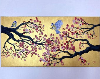 Custom Sakura Painting with Birds – Cherry Blossom Art with gold, Japanese Inspired Wall Art, Large Floral Canvas, Hand Painted Artwork