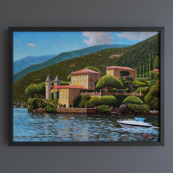 コモ湖の油絵：額入りイタリア風景画 - Etsy 日本