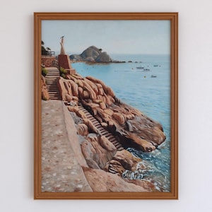 Tossa de Mar, España, pintura al óleo original, pintura de paisaje, pintura de paisaje marino, arte mural, decoración del hogar, regalo de aniversario, arte paisajístico