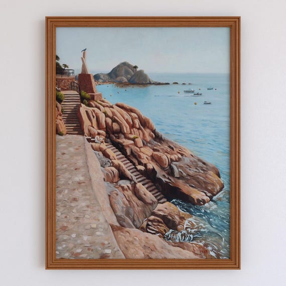 トッサ・デ・マールの海景油絵、スペイン沿岸の岩壁、額装済み作品（30 