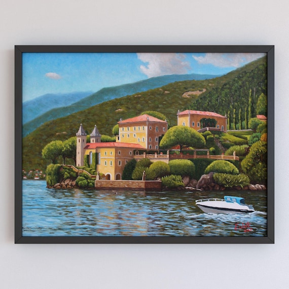 コモ湖の油絵：額入りイタリア風景画 - Etsy 日本