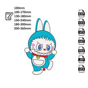 May include: A cartoon character in a blue and white bunny suit with an angry expression. The character has a red collar and a gold bell. The image includes size measurements from 100mm to 360mm and file type icons.