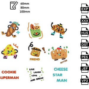 Puede incluir: Colección de parches bordados coloridos con diseños temáticos de comida, incluyendo galletas, pan y queso. Los parches tienen varios elementos de texto como "COOKIE SUPERMAN" y "FRIEND". Tamaños disponibles: 60mm, 80mm y 100mm.