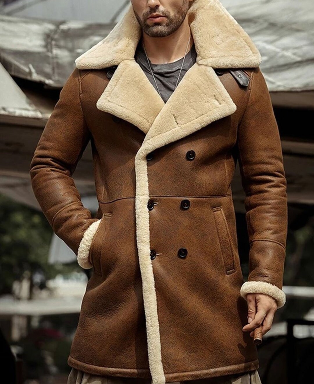 Vintage Brown Leather Shearling Collar Long Coat Genuine - Etsy UK