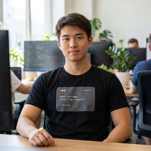May include: A black t-shirt with a graphic of a code snippet, including the text "INSERT INTO bugs VALUES ('new feature'); -- Success". The person is sitting at a desk in an office setting.