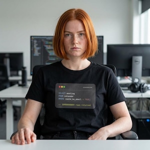 May include: Black t-shirt featuring a code snippet graphic. The text on the graphic reads "SELECT meeting FROM calendar WHERE could_be_email = TRUE; -- 10000000000 rows returned". The t-shirt is worn by a person with red hair.