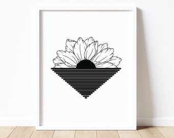 Orizzonte di girasole, Arte minimalista, Moderno di metà secolo, Download digitale, Arredamento della camera dei bambini, Stampa, JPG, Opere d'arte floreale, Arte marina, Istantaneo