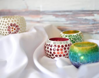 Set of 4 Mosaic glass votives, candle holder, handcrafted, tealight holder for diwali, romantic dinner, spa, gift, home decor, valentine