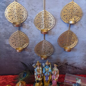 Clearance Sale! Wall hanging tealight holder, house warming gift, living room decor, pooja room decor, leaf shaped gold color, handcrafted image 4