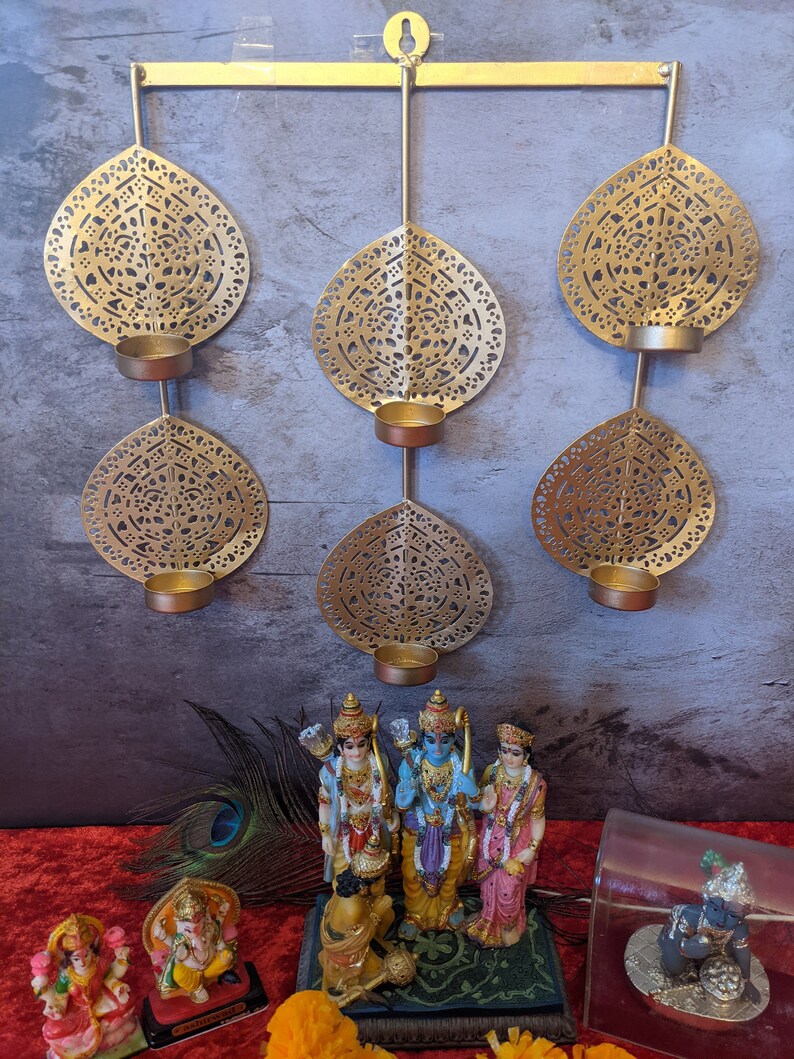 Clearance Sale! Wall hanging tealight holder, house warming gift, living room decor, pooja room decor, leaf shaped gold color, handcrafted image 4