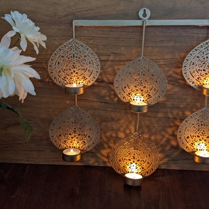 Clearance Sale! Wall hanging tealight holder, house warming gift, living room decor, pooja room decor, leaf shaped gold color, handcrafted