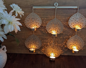 Clearance Sale! Wall hanging tealight holder, house warming gift, living room decor, pooja room decor, leaf shaped gold color, handcrafted