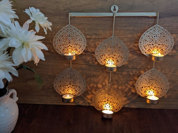 Clearance Sale! Wall hanging tealight holder, house warming gift, living room decor, pooja room decor, leaf shaped gold color, handcrafted