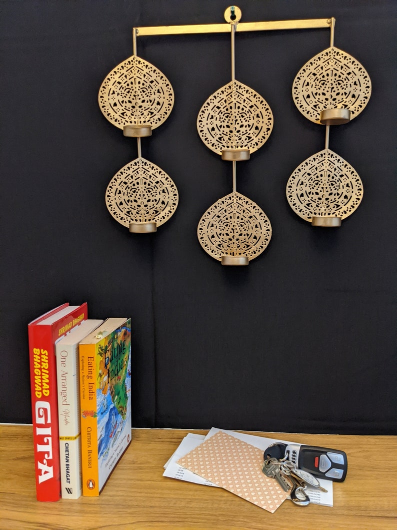 Clearance Sale! Wall hanging tealight holder, house warming gift, living room decor, pooja room decor, leaf shaped gold color, handcrafted image 2