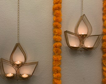 Diwali SALE!!Set (2piece) of Hanging Diya tealight, diwali decoration,decor for living room, party, hindu wedding, pooja room in gold color