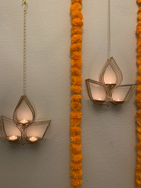 Diwali SALE!!Set (2piece) of Hanging Diya tealight, diwali decoration,decor for living room, party, hindu wedding, pooja room in gold color