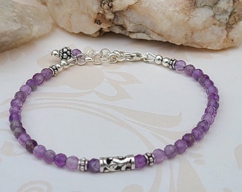 Amethyst Gemstone Bracelet, Sterling Silver Bali Bead, February Birthstone