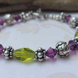 Swarovski Crystal Bracelet, Amethyst and Olive Green Crystal Bracelet, Sterling Silver Bracelet