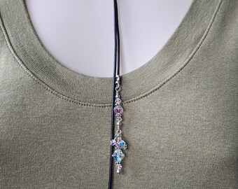 Greek Leather and Swarovski Crystal Necklace, Adjustable Lariat Sterling Silver Crystal Necklace