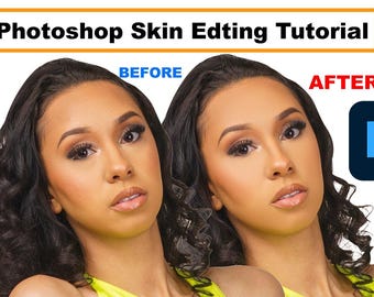 May include: A before and after image demonstrating skin editing in Photoshop. The image features a woman with dark hair and makeup. The before image shows her skin with some imperfections. The after image shows her skin with a smooth, flawless look. The text "Photoshop" is visible in the image.