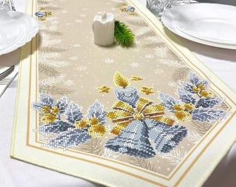 Kit de camino de mesa con cuentas y campanas navideñas plateadas, bordado en gabardina, decoración navideña VIRENA