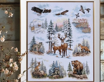 Muestra de punto de cruz de animales del bosque «Senderos del bosque» • Kit de bordado de vida silvestre