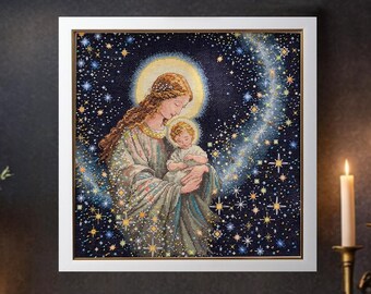 Kit de punto de cruz "Bendición de la Madre" en Aida azul de VDV Design