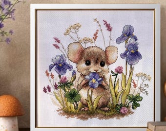 Kit de punto de cruz "Ratoncito" sobre Aida blanca, diseño floral VDV