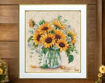 Kit de punto de cruz de girasoles sobre Aida blanca, diseño VDV, patrón de bordado de ramo floral